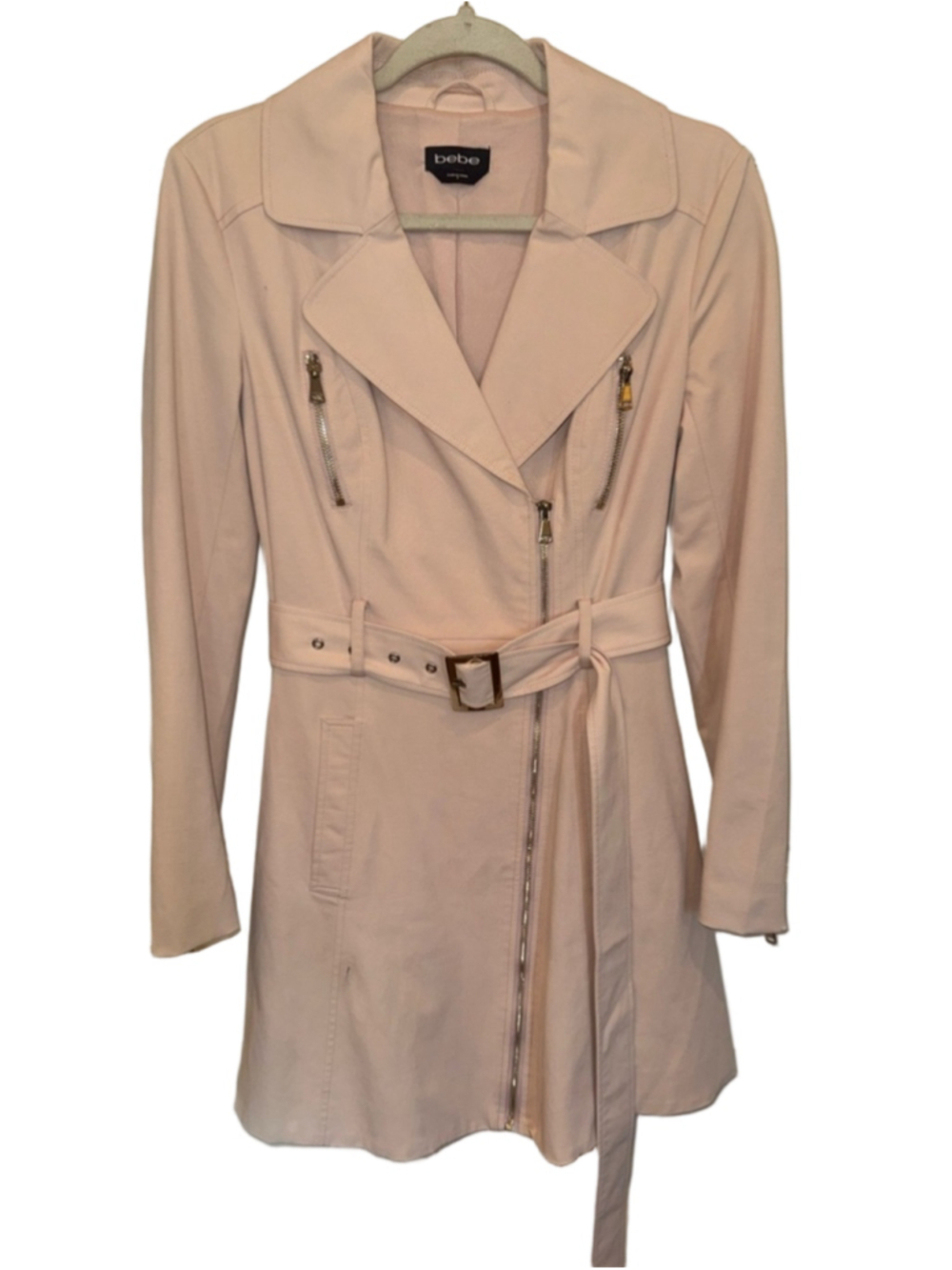 bebe Soft Pale Pink Belted Trench Coat with Zip Details